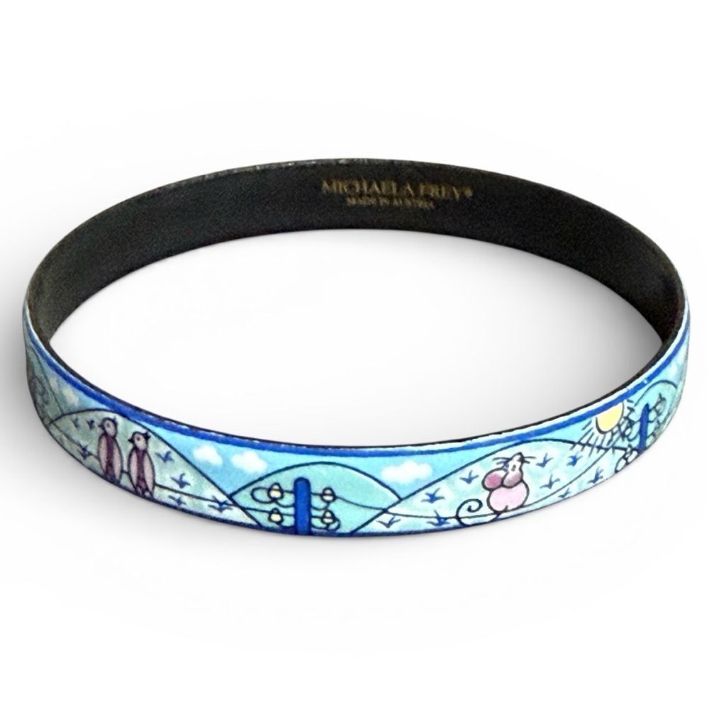 Michaela Frey Blue Enamel Bangle Bracelet 2.6” Across Featuring Birds and Mice